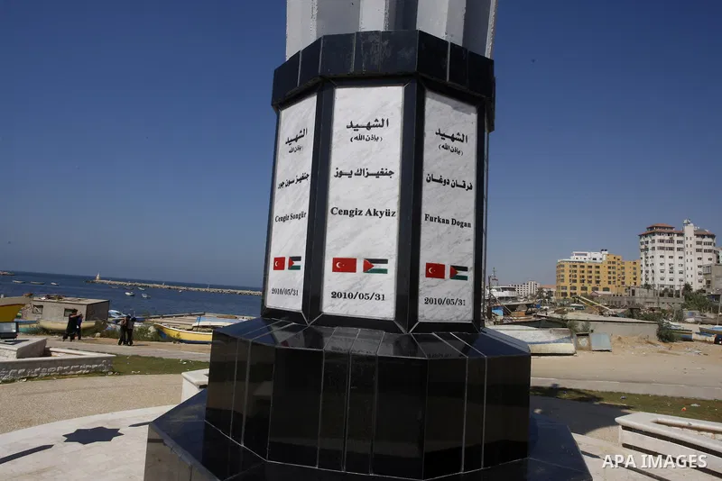 A memorial site in memory of nine Turkish activists who were killed in a deadly raid by the Israeli army on a Turkish aid ship bound for the Gaza Strip last year, in the port of Gaza City, on Sep.3, 2011. arrives back in...