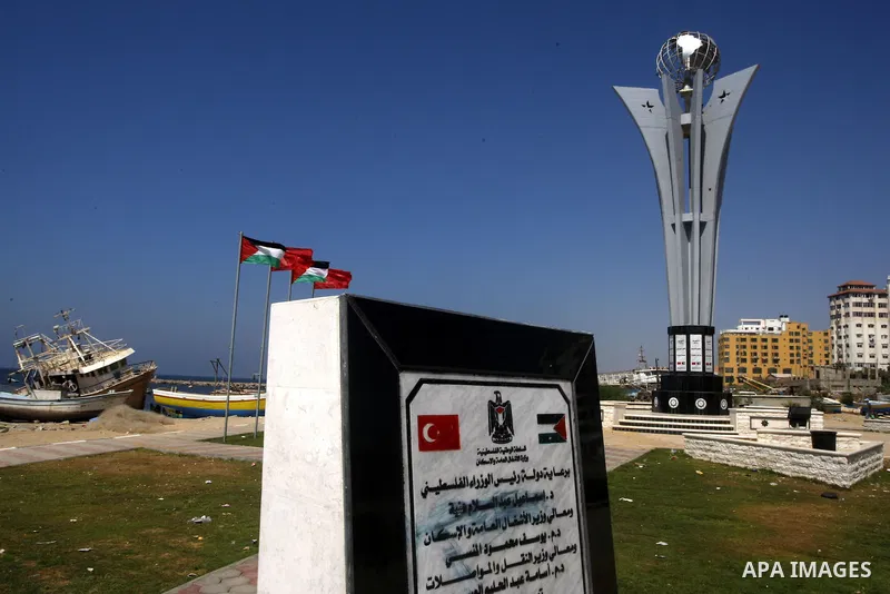 A memorial site in memory of nine Turkish activists who were killed in a deadly raid by the Israeli army on a Turkish aid ship bound for the Gaza Strip last year, in the port of Gaza City, on Sep.3, 2011. arrives back in...