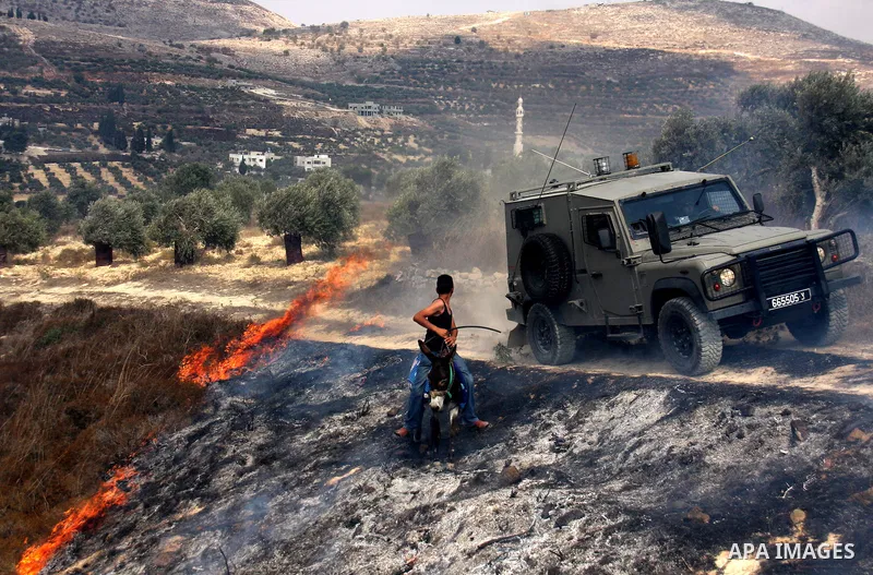 A Palestinian man rides a donkey past an Israeli military jeep as villagers try to extinguish fires in a olive grove and fields which according to the local Palestinian villagers was started by settlers from a near by Je...