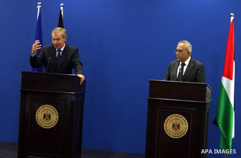 Palestinian Prime Minister Salam Fayyad and his Belgian counterpart, Yves Leterme speak to the media following their meeting in the West Bank town of Ramallah, on 05 September 2011, a day after Palestinian officials insi...