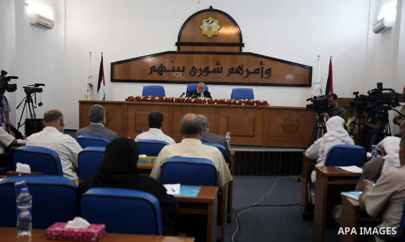 The spokesman of the Palestinian Parliament in Gaza Strip, Ahmed Bahar delivers speech during a press conference, at the Legislative Council , in Gaza City on Sep. 7, 2011. Photo by Ashraf Amra