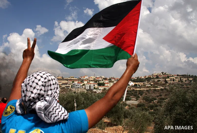 Palestinians wave their national flag during the weekly protest against the settlement of Qadomim, near the village of Kofr Qadom, west of Nablus City, in the Israeli-occupied West Bank on 09 September 2011. Photo by Wag...
