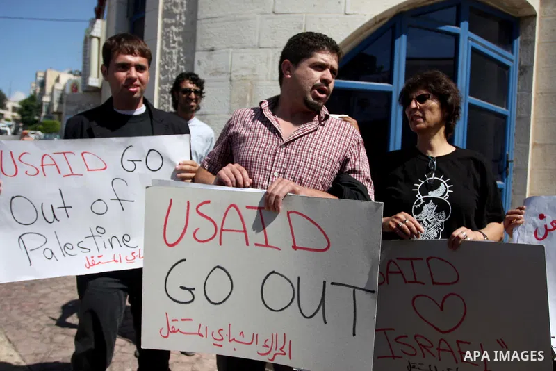 Palestinian youths hold placards bearing anti US and USAID slogans during a protest against United States policies in regard to the Palestinian-israeli conflict in the West Bank city of Ramallah on September 10, 2011. Ph...