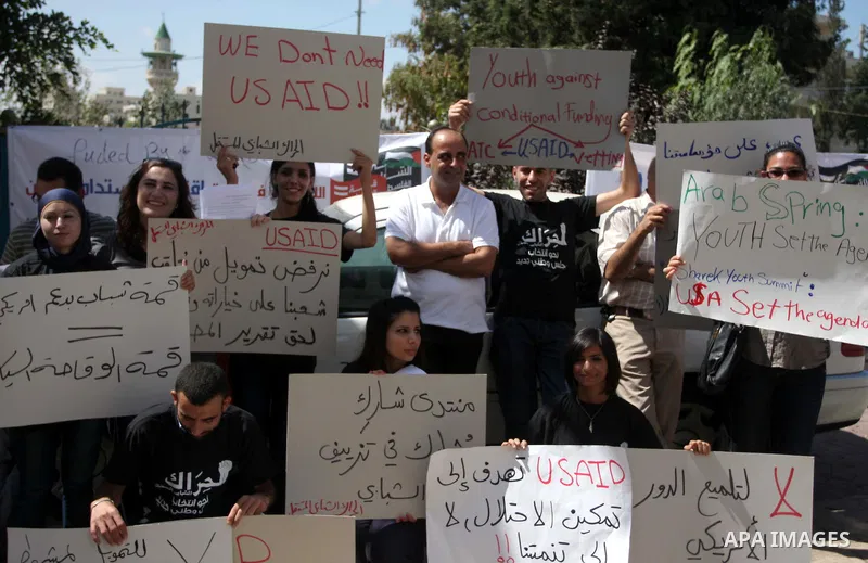 Palestinian youths hold placards bearing anti US and USAID slogans during a protest against United States policies in regard to the Palestinian-israeli conflict in the West Bank city of Ramallah on September 10, 2011. Ph...