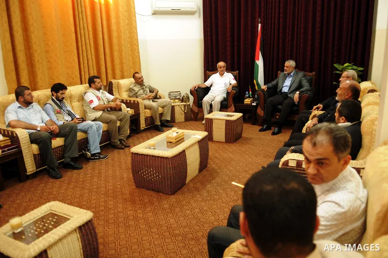 Palestinian Prime Minister in Gaza Strip, Ismail Haniya receives the Turkish delegation to break the siege on Gaza, in Gaza city on Sep. 14, 2011. Photo by Ahmed Shaat