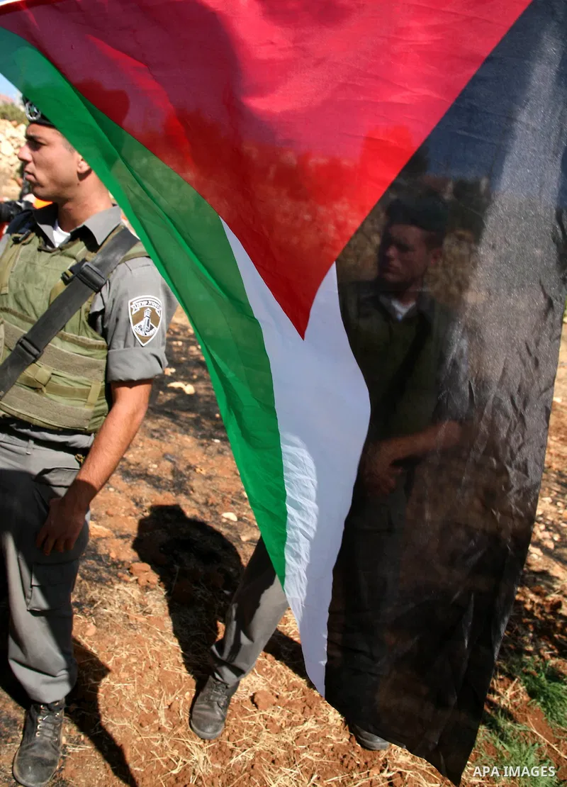 Israeli soldiers stand by as Palestinian and international activists work on a Palestinian's farm land in the West Bank village of Beit Omar near Hebron, 16 September 2011. The Israeli soldiers eventually dispersed the p...