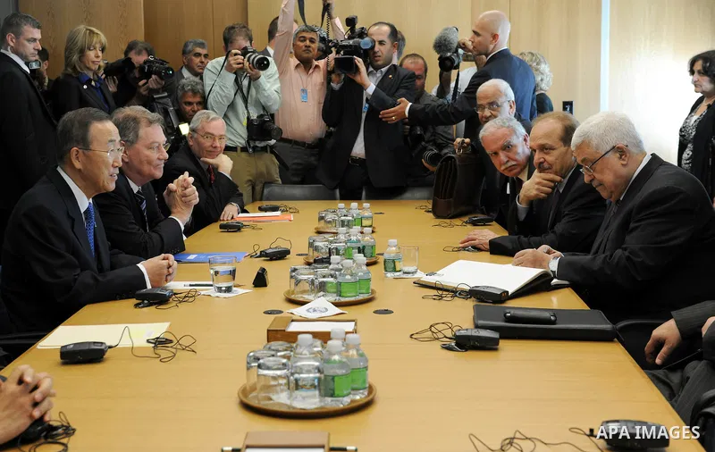 Palestinian President Mahmoud Abbas meets with United Nations Secretary-General Ban Ki-moon at U.N. headquarters on September 19, 2011 in New York City. Abbas is seeking United Nations recognition of a Palestinian state....