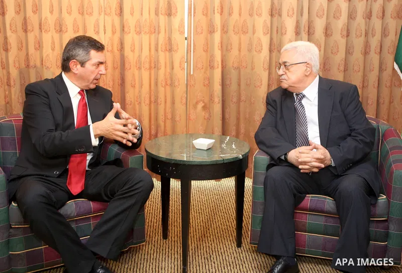 Palestinian President Mahmoud Abbas (Abu Mazen)during a meeting with Minister for Foreign Affairs of Greece, Staffos Amparodinos in New York on Sep. 20, 2011. Photo by Mufeed Abu Hasnah