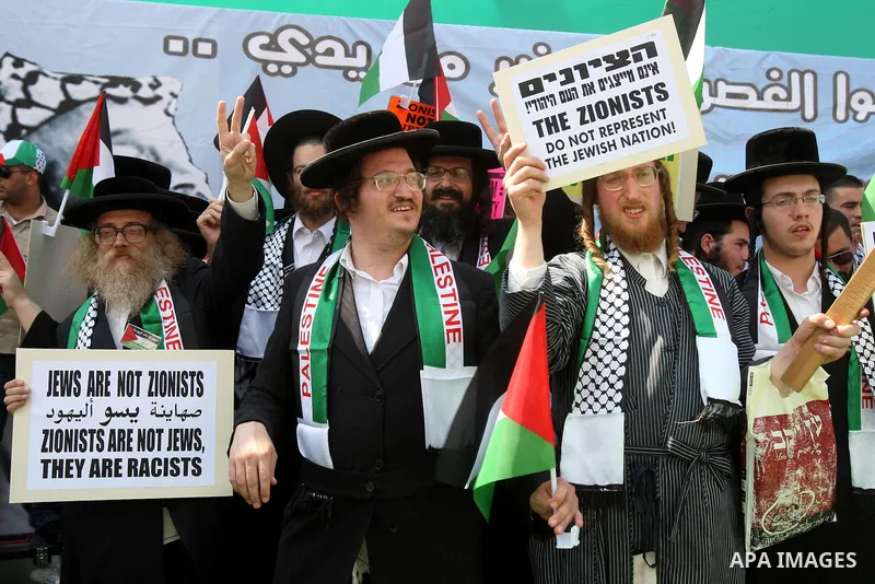 Members of Neturei Karta, a small faction of ultra-Orthodox Jews who oppose Israel's existence,wave Palestinian flags to express support for the Palestinian bid for statehood recognition at the United Nations as thousand...