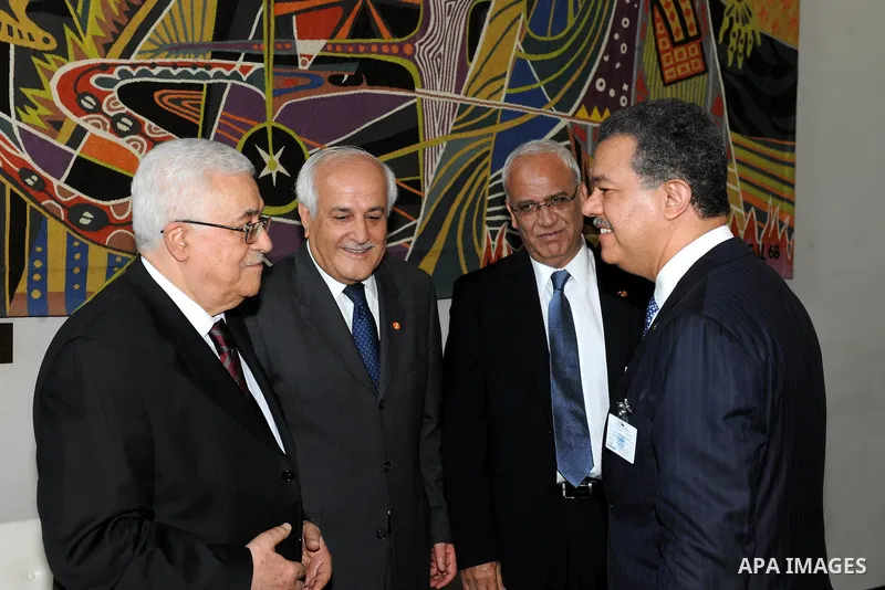 Palestinian President Mahmoud Abbas (Abu Mazen) meets with the President of the Dominican Republic, Lionel Reina in New York on Sep. 21,2011. Photo by Thaer Ganaim