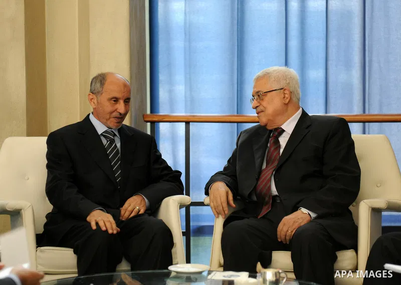 Palestinian President Mahmoud Abbas (Abu Mazen) during a meeting with Mustafa Abdul Jalil, the Libyan Chairman of the Interim Council in New York on Sep. 21, 2011. Photo by Thaer Ganaim
