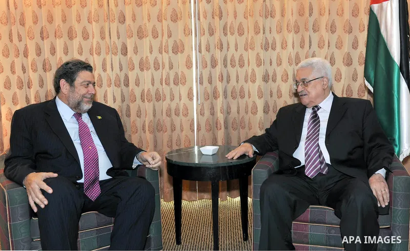 Palestinian President Mahmoud Abbas (Abu Mazen) during a meeting with Prime Minister Vincent and Jrinadinez, in New York on Sep. 21, 2011. Photo by Thaer Ganaim