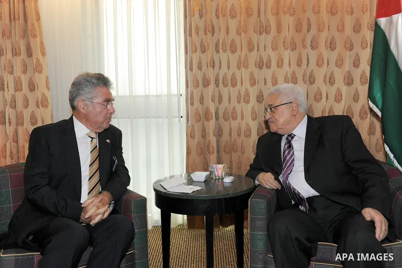 Palestinian President Mahmoud Abbas (Abu Mazen) meets Austrian President, Heinz Fischer, in New York on Sep. 21, 2011 Photo by Thaer Ganaim