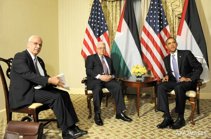 Palestinian President Mahmoud Abbas (Abu Mazen)during a meeting with U.S. President Barack Obama, in New York on Sep. 21, 2011 Photo by Thaer Ganaim