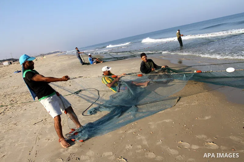 Palestinian fishermen pull their nets at the beach of Gaza city on Sep. 22, 2011. Palestinians hoped that the blockade is lifted from the sea, and setting "Palestine state 194", representing their hope to become the 194t...