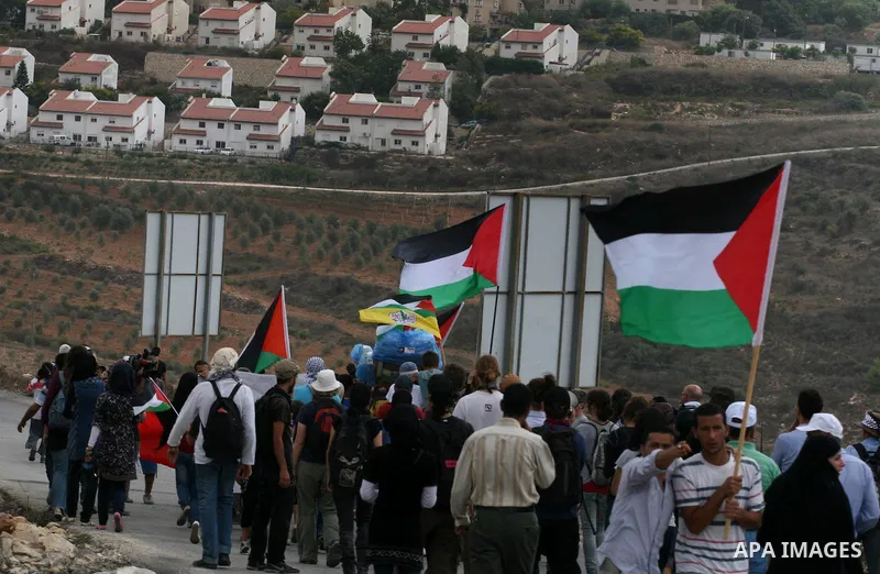 Palestinian protestors hold a banner in support of the Palestinian UN bid for statehood during a weekly protest in the West Bank village of Nabi Saleh, near Ramallah September 23, 2011. Israeli security forces were on hi...