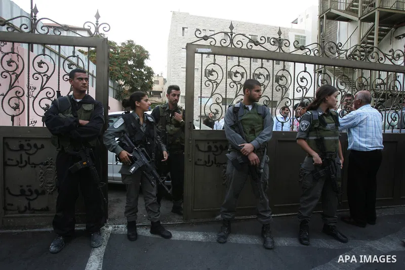 Israeli soldiers try to stop Palestinian conference, Jerusalem, Israel, on Sept. 25, 2011. Where Israeli police stormed a hotel in Jerusalem to prevent a Palestinian education curriculum conference. Photo by Mahfouz Abu...