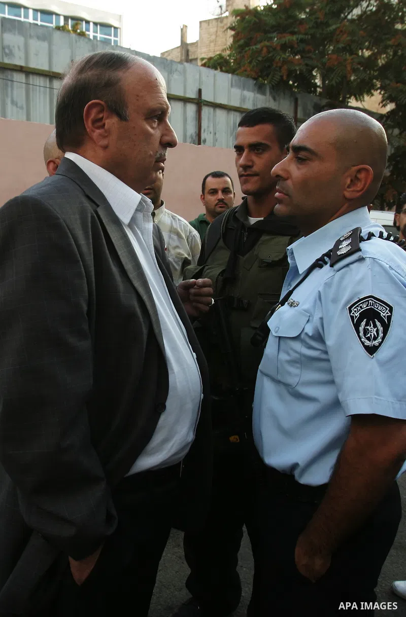 Israeli soldiers try to stop Palestinian conference, Jerusalem, Israel, on Sept. 25, 2011. Where Israeli police stormed a hotel in Jerusalem to prevent a Palestinian education curriculum conference. Photo by Mahfouz Abu...