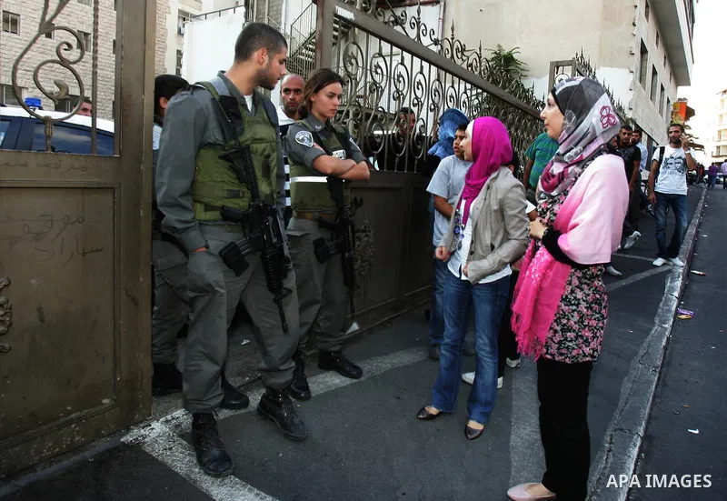Israeli soldiers try to stop Palestinian conference, Jerusalem, Israel, on Sept. 25, 2011. Where Israeli police stormed a hotel in Jerusalem to prevent a Palestinian education curriculum conference. Photo by Mahfouz Abu...