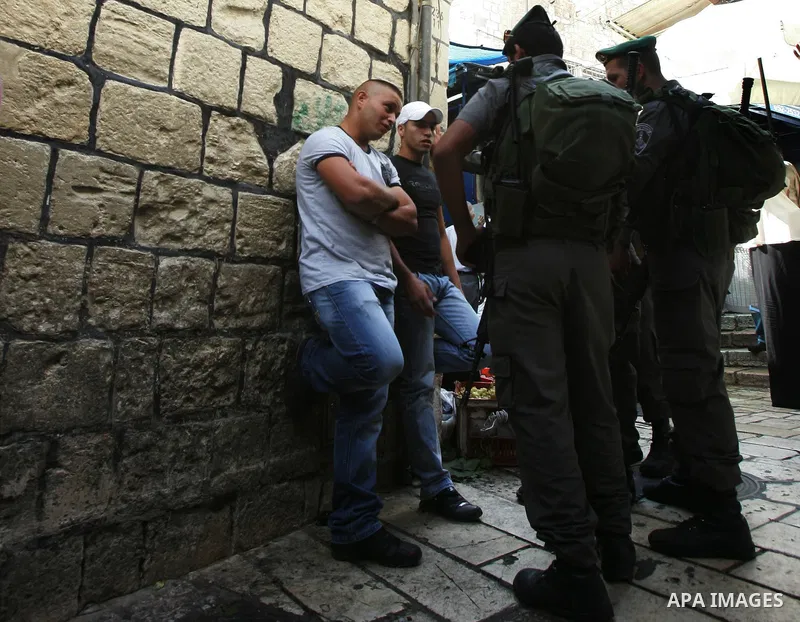 Israeli soldiers try to stop Palestinian conference, Jerusalem, Israel, on Sept. 25, 2011. Where Israeli police stormed a hotel in Jerusalem to prevent a Palestinian education curriculum conference. Photo by Mahfouz Abu...
