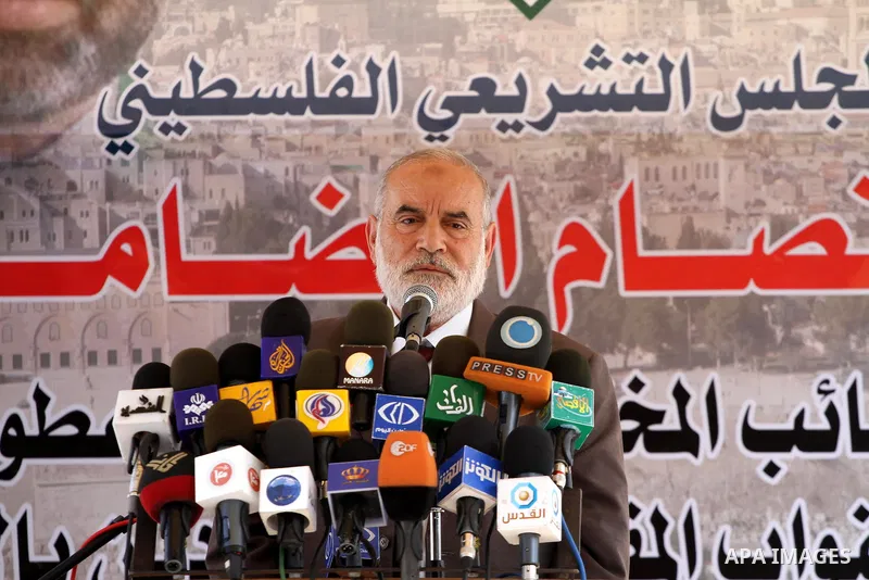 The spokesman of Hamas Parliament, Ahmed Bahar delivers speech in a press conference against arrested the member of Hamas legislative council, Ahmad Atun in an operation by undercover police officers in Gaza city on Sep....