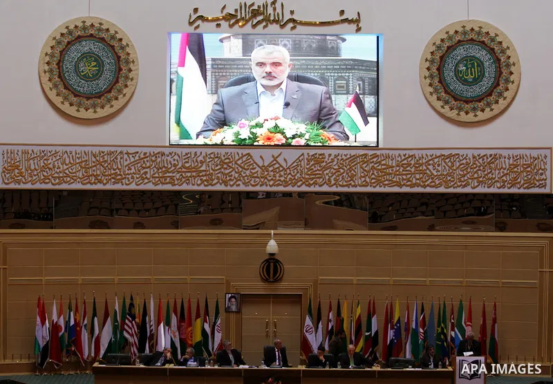 Palestinian Prime Minister in Gaza strip, Ismail Haniya delivers speech through video conferencing, during the Fifth International conference to support the Palestinian Intifada, in Tehran, "Iran" on Oct. 1-2, 2011. Phot...