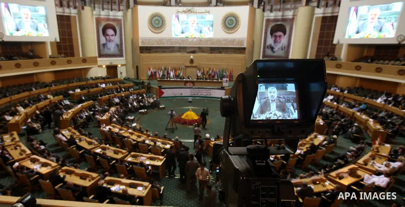 Palestinian Prime Minister in Gaza strip, Ismail Haniya delivers speech through video conferencing, during the Fifth International conference to support the Palestinian Intifada, in Tehran, "Iran" on Oct. 1-2, 2011. Phot...