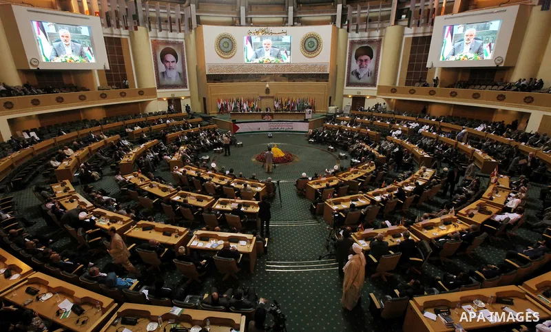Palestinian Prime Minister in Gaza strip, Ismail Haniya delivers speech through video conferencing, during the Fifth International conference to support the Palestinian Intifada, in Tehran, "Iran" on Oct. 1-2, 2011. Phot...