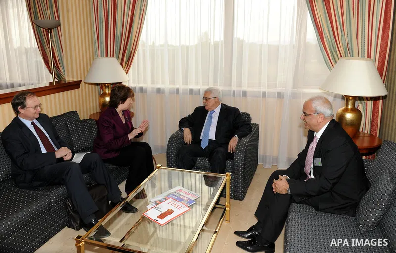 Palestinian President Mahmoud Abbas (Abu Mazen) meets meets with EU foreign policy commissioner, Catherine Ashton in Strasbourg, eastern France, Wednesday, Oct. 5, 2011. Photo by Thaer Ganaim