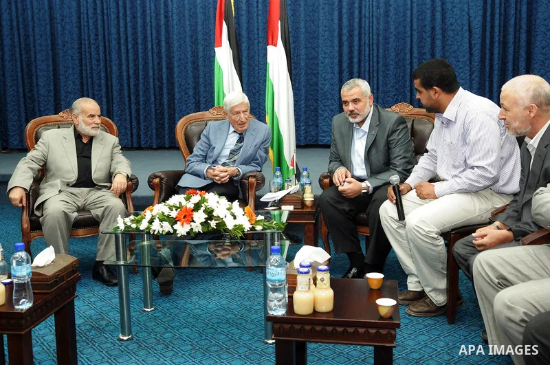 Palestinian Prime Minister in Gaza Strip, Ismail Haniya meets with a Dutch human rights delegation at his office in Gaza city on Oct. 6,2011. Photo by Ahmed Shaat
