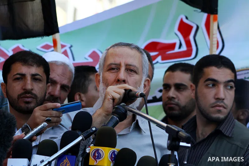 Palestinian Jihad Islamic leader, Mohammed al-Hindi speaks after Friday prayer next to the Red Cross building in Gaza City as they call for the release of Palestinian prisoners from Israeli jails and support of inmates i...