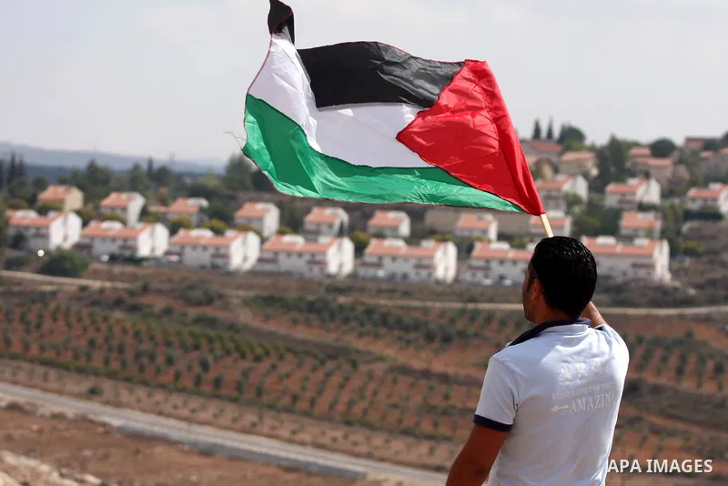 Palestinian youths wave their national flag during a weekly demonstration against Israeli settlement expansion, in the West Bank village of Nabi Saleh, on October 7, 2011. Photo by Issam Rimawi