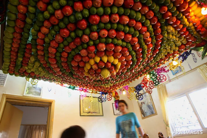 A woman from the ancient Samaritan community decorates a Sukkah made from fresh fruit for the holiday of the Tabernacles, or Sukkot, in Mount Gerizim near the West Bank town of Nablus, Monday, Oct. 10, 2011. The Sukkah i...