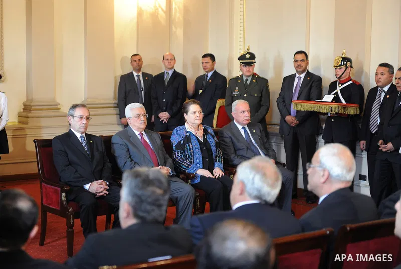 Palestinian President Mahmoud Abbas (Abu Mazen)during the visit of Mayor of Bogota, Oct.10, 2011.. Photo by Thaer Ganaim
