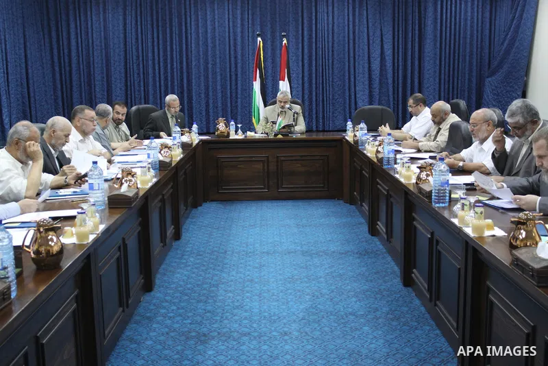 Palestinian Prime Minister in Gaza Ismail Haniyeh during his meeting with the Palestinian Government in Gaza to discuss the issue of the Palestinian prisoners jailed in Israel, in Gaza City on Oct. 11, 2011. . Photo by M...