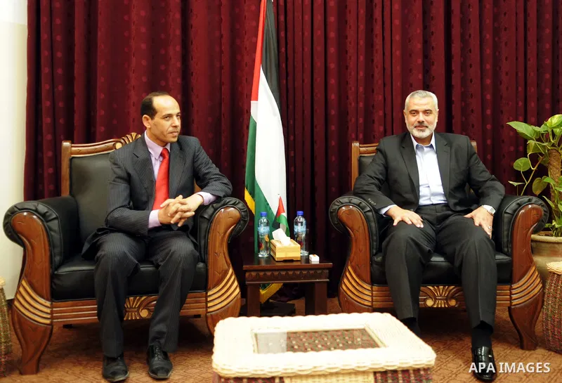 Palestinian prime minister in Gaza Strip, Ismail Haniya meets with the Egyptian media delegation at his office in Gaza city on Oct. 12,2011. Photo by Ahmed Shaat