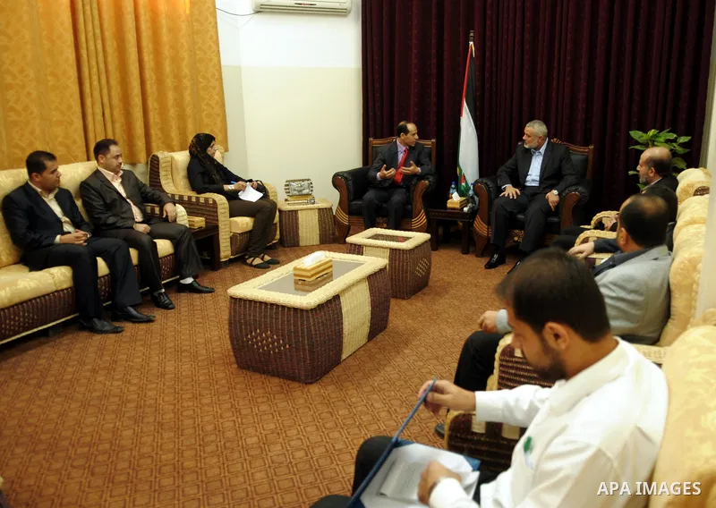 Palestinian prime minister in Gaza Strip, Ismail Haniya meets with the Egyptian media delegation at his office in Gaza city on Oct. 12,2011. Photo by Ahmed Shaat