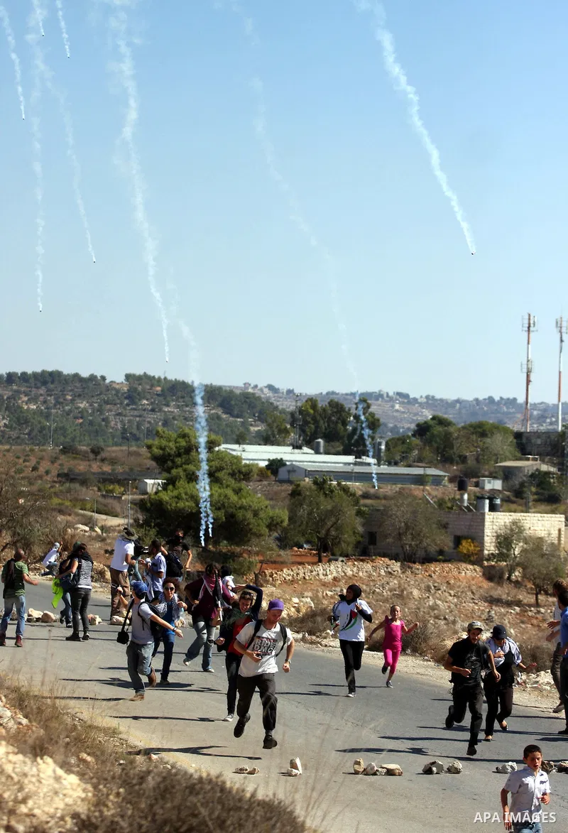 Palestinian, Israeli and foreign activists run away from tear gas canisters fired by Israeli troops during a demonstration against the expansion of the nearby Jewish settlement of Halamish in the West Bank village of Nab...