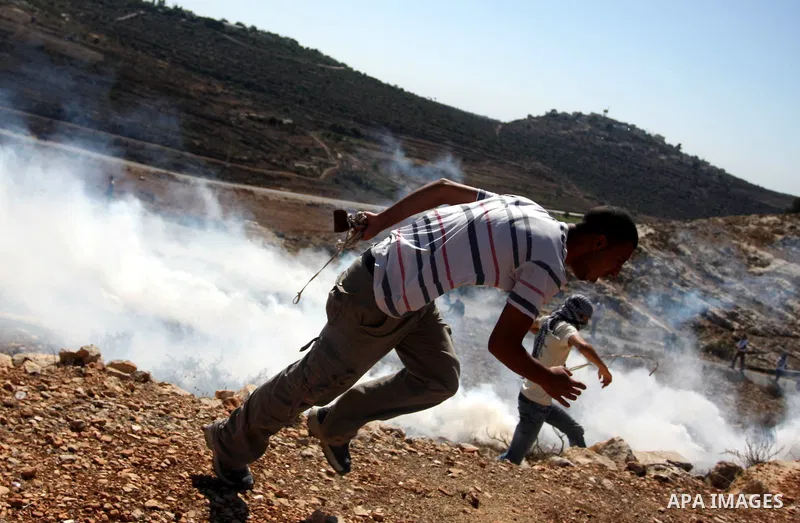 Palestinian, Israeli and foreign activists run away from tear gas canisters fired by Israeli troops during a demonstration against the expansion of the nearby Jewish settlement of Halamish in the West Bank village of Nab...