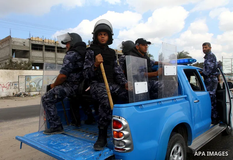 Palestinian Hamas policemen patrol in the central Gaza Strip October 17, 2011, as they patrol during preparations for the release of prisoners in a swap that is expected to take place on Tuesday. Hamas prepared a heroes'...