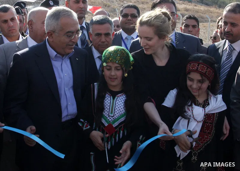 Palestinian Prime Minister Salam Fayyad and French Minister of Ecology, Sustainable development, transport, and housing, Nathalia Kosciusko- Morizet inaugurate a water pump in Maythalon village, near Jenin, the West Bank...