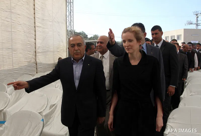 Palestinian Prime Minister Salam Fayyad and French Minister of Ecology, Sustainable development, transport, and housing, Nathalia Kosciusko- Morizet inaugurate a water pump in Maythalon village, near Jenin, the West Bank...