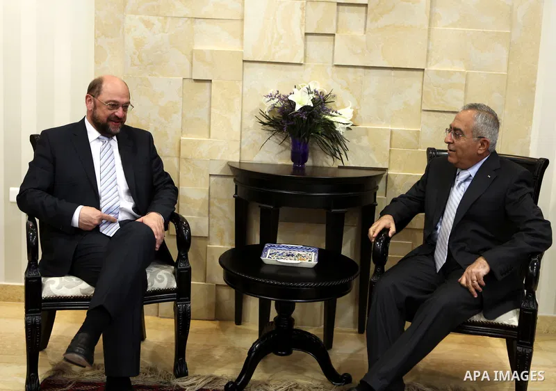 Palestinian Prime Minister, Salam Fayyad meets with the head of the Socialist Group in the European Parliament, Martin Schulz in the West Bank city of Ramallah on July 2, 2011. Photo by Mustafa Abu Dayeh