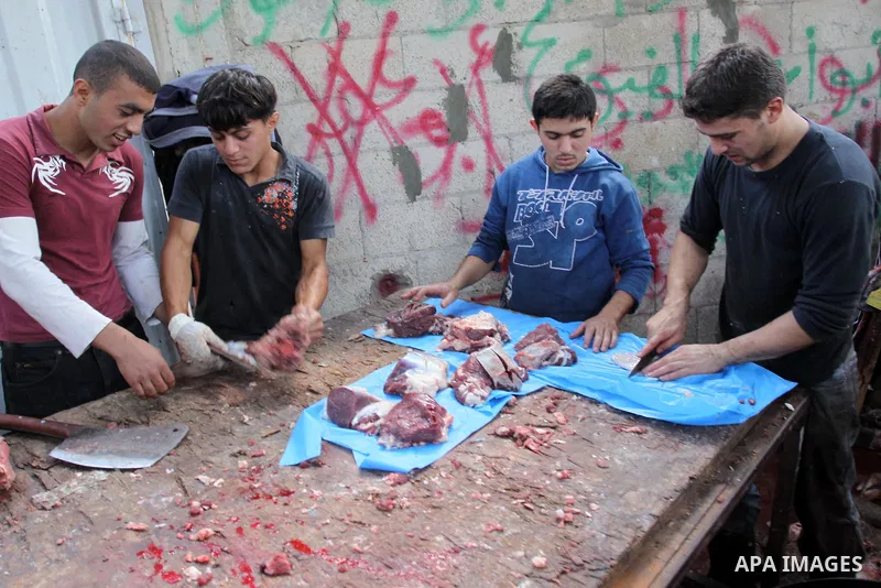 Palestinians slaughter their livestock on the first day of Eid al-Adha in Gaza city, Sunday, Nov. 6, 2011. Muslims worldwide celebrate Eid al-Adha, or the Feast of the Sacrifice by sacrificial killings of livestock to co...