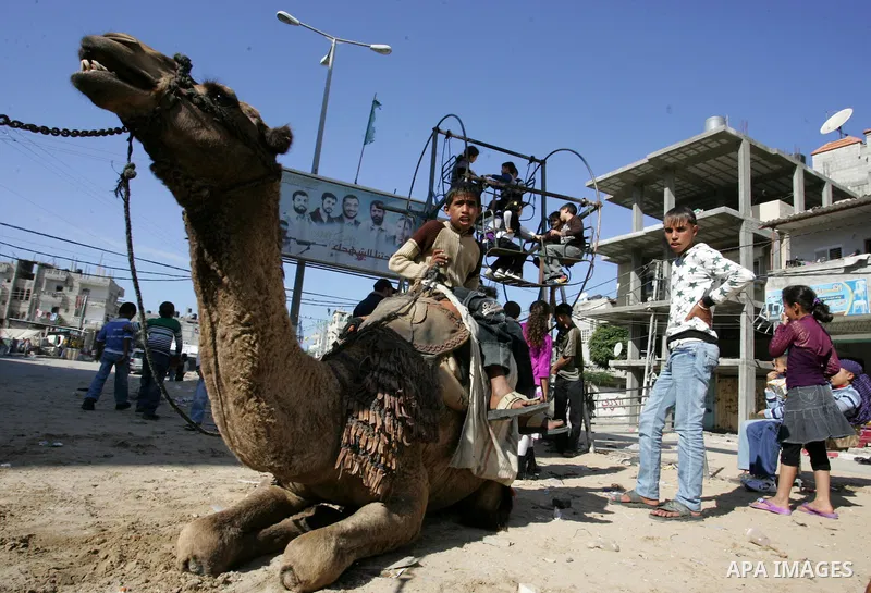 Palestinians enjoy riding during the second day of Eid al-Adha in the southern Gaza Strip town of Rafah on November 7, 2011. Muslims worldwide commemorate the Eid al-Adha, or the Feast of the Sacrifice, marking the end o...