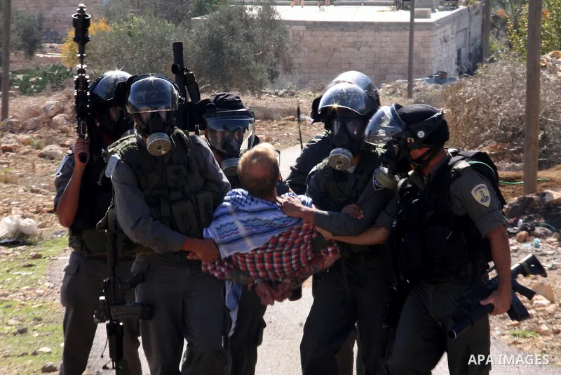 Israeli forces arrest a protestor during a weekly demonstration against Israeli-occupation in the northern West Bank village of Kfar Kadum, on November 11, 2011. The Palestinian leadership is unsure how to advance its bi...