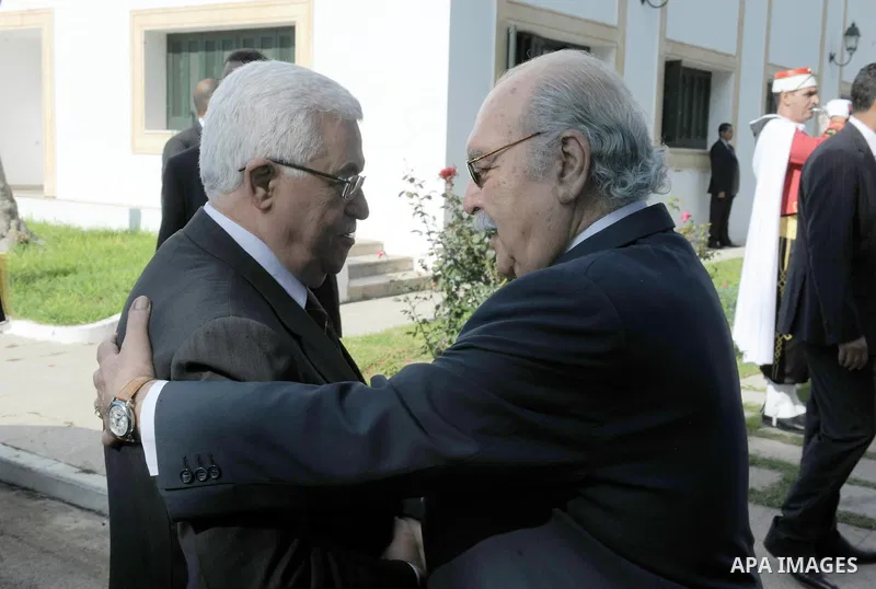 Palestinian President Mahmoud Abbas meets with Tunisian President Fouad Mebazaa during their talks in Tunis, Friday, Nov.11, 2011. Abbas and Fouad Mebazaa are expected to discuss Tunisia's recent elections and the Palest...
