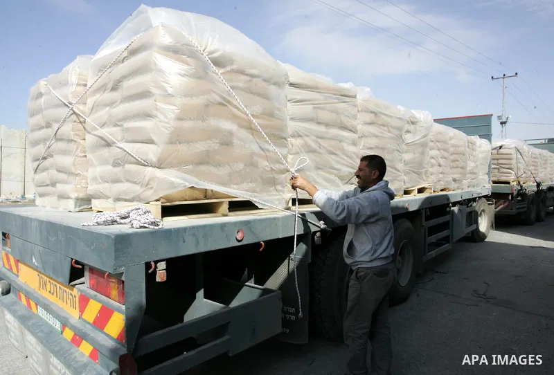 Palestinians check trucks loaded with construction materials at the Rafah crossing which entered through Israel's Kerem Shalom crossing in southern Gaza Strip on November 16, 2011. Israel allowed to enter the constructio...