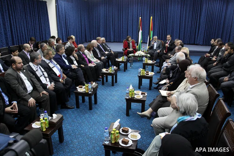 Palestinian Prime Minister in Gaza Strip, Ismail Haniyeh meets with the members of the spring of freedom convoy at his office in Gaza city on Nov. 23, 2011. A convoy carrying Arab, European and International activists vi...