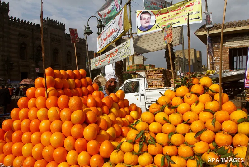 An Egyptian fruit vendor waits for customers under electoral campaign banners in Cairo on November 27, 2011 on the eve of the first parliament elections since the end of the 30-year rule of strongman Hosni Mubarak. Photo...